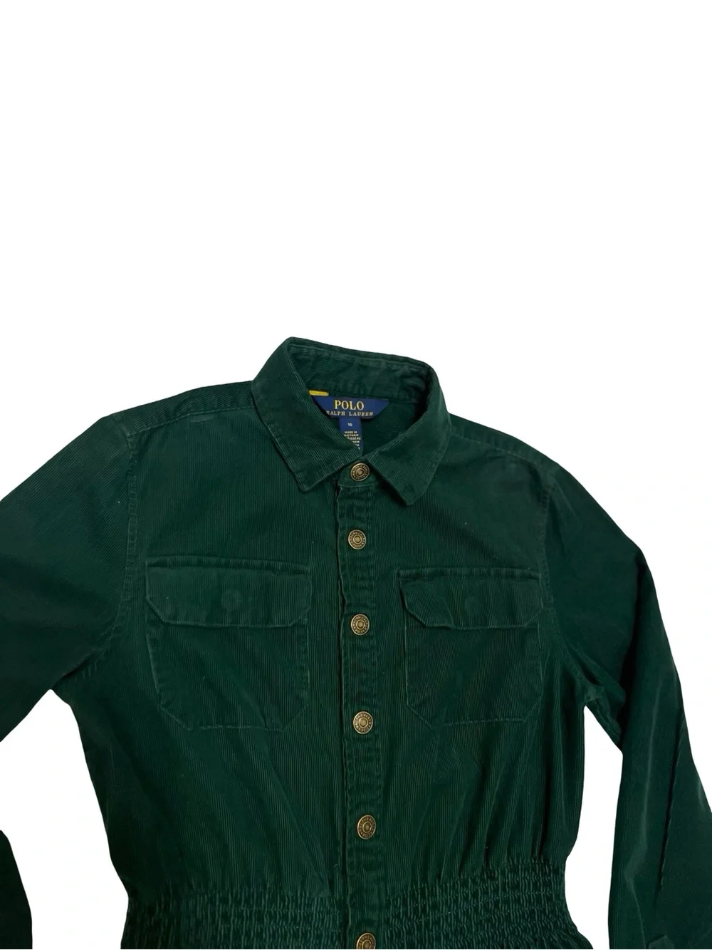 Polo Ralph Lauren Green Corduroy Long Sleeve Cinched Dress Sz 10 Country Western